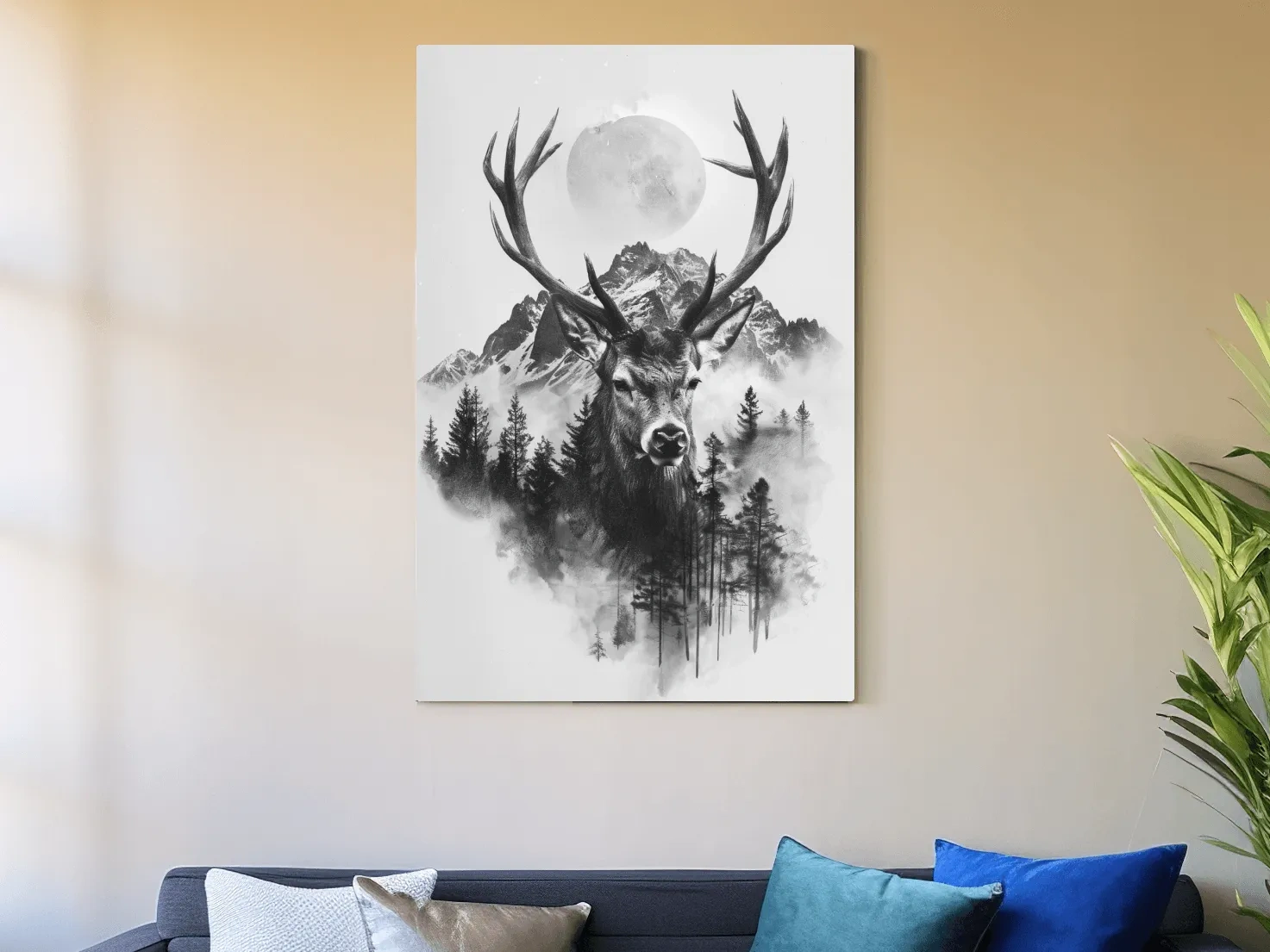 Monochrome Stag Glacier Moon Drawing - Double Exposure Wildlife Wall Art