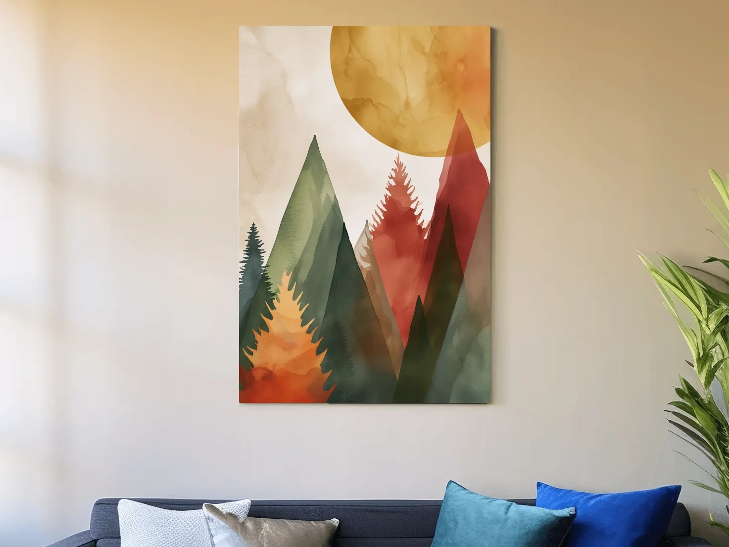 Rustic Watercolor Mountain Forest Sunrise - Modern Minimalist Wall Art