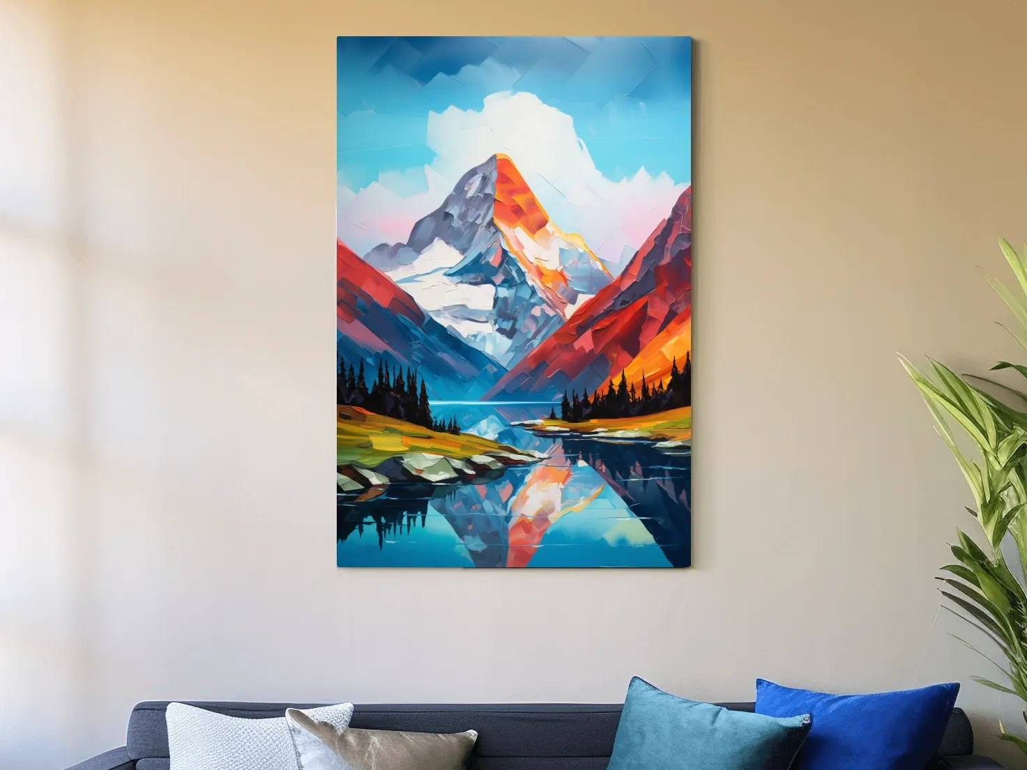Vibrant Abstract Mountain Lake Reflection - Colorful Impasto Style Wall Art