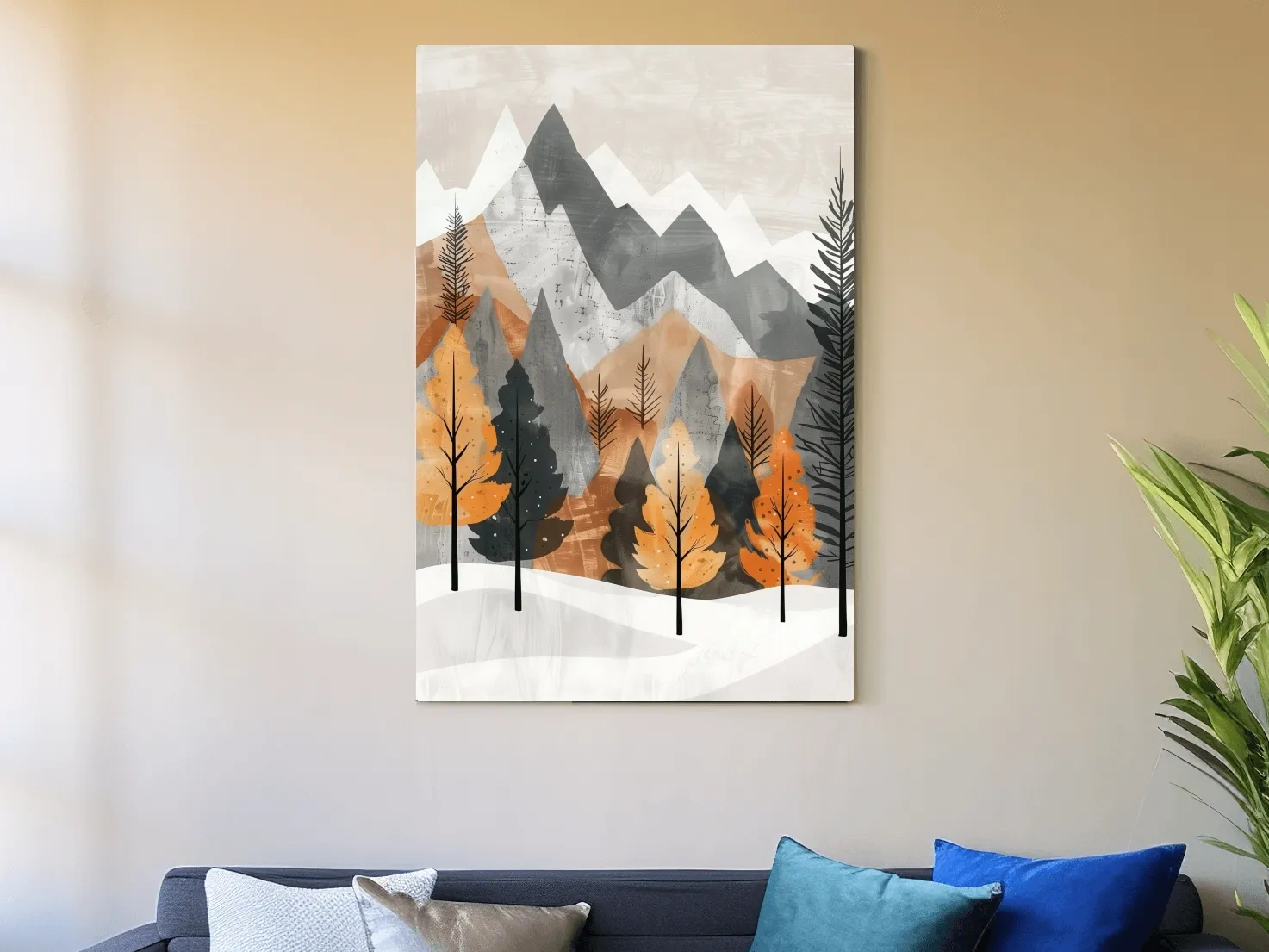Scandinavian style forest artwork, alpine mountains in fall