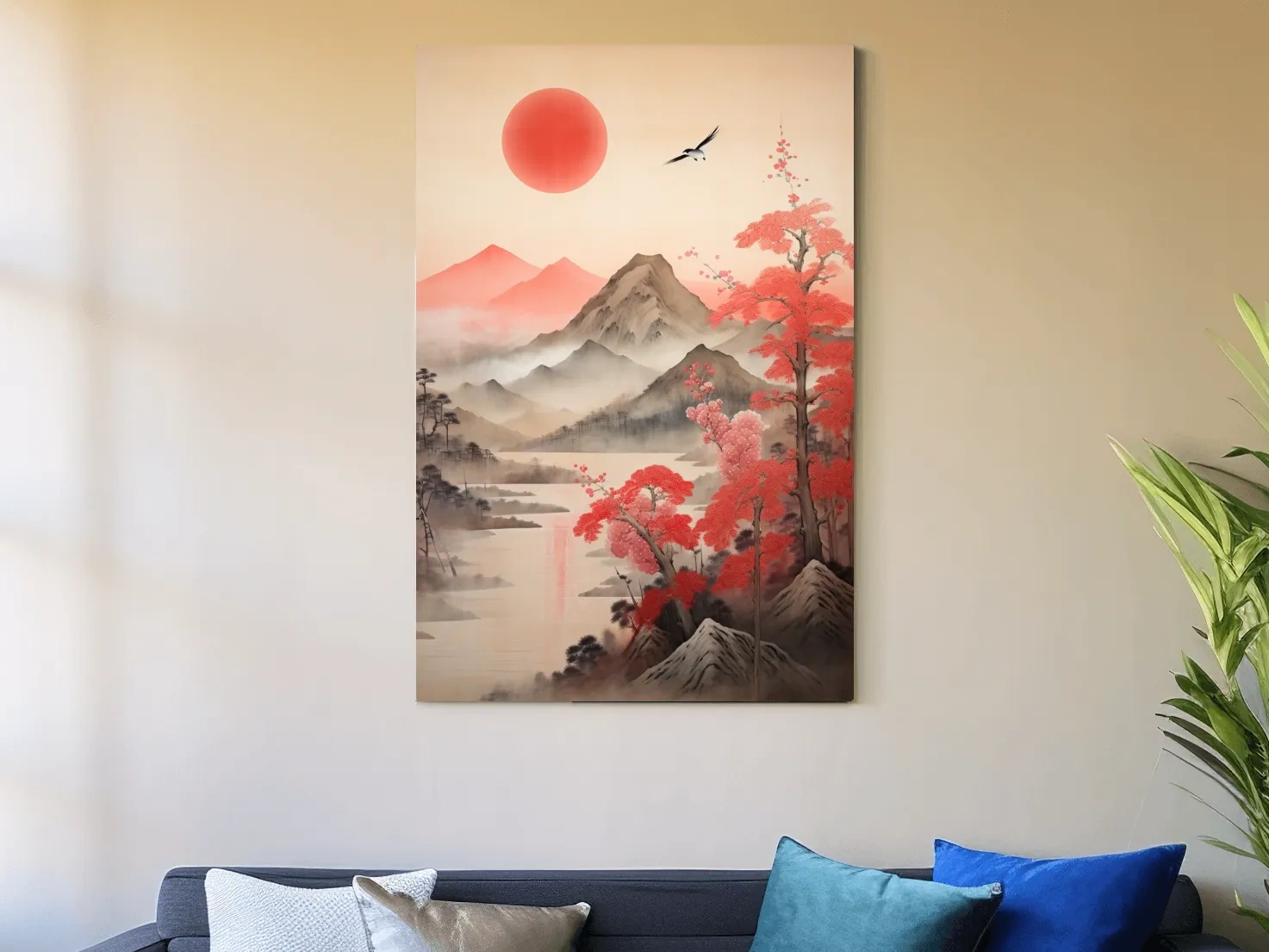Japanese Ink Wash Mountain Sunrise - Sakura Cherry Blossom Wall Art