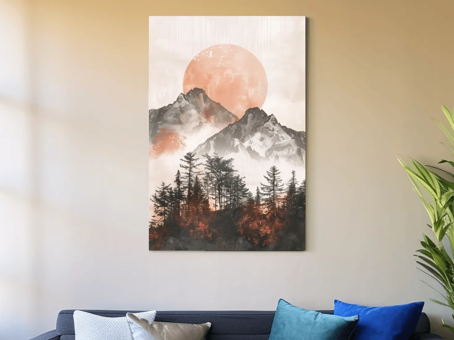 Japandi Mountain Sunrise With Pine Forest - Minimalist Watercolor Landscape Art