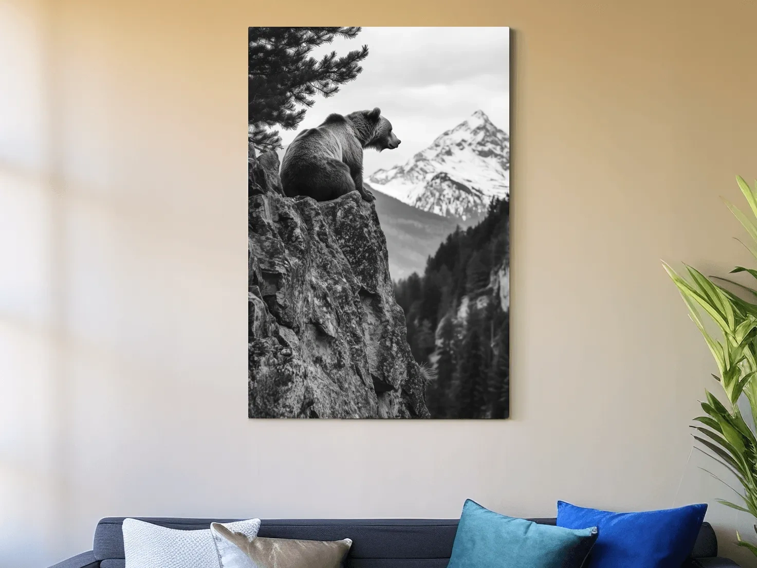 Grizzly bear taking in a mountain view, photographic wildlife wall art