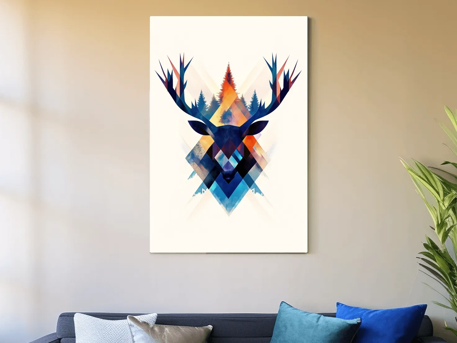 Geometric Watercolor Deer Head Silhouette - Modern Wildlife Forest Wall Art