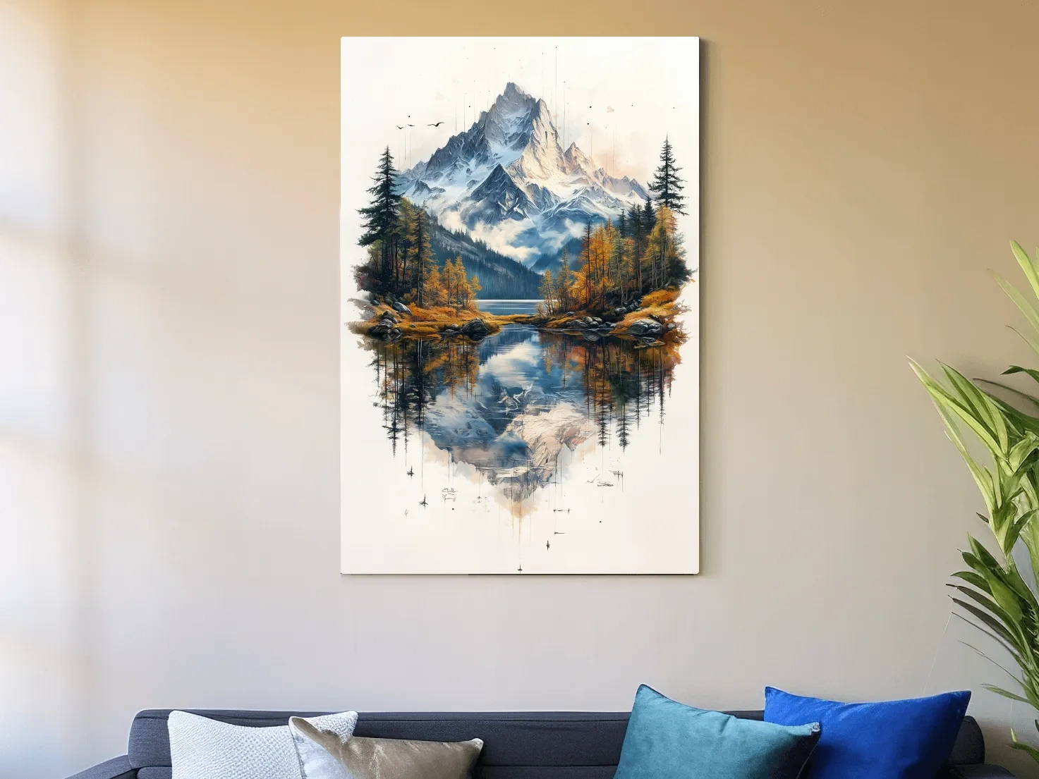 Misty Alpine Mountain Lake Painting - Autumn Pine Forest Tattoo Style Wall Art