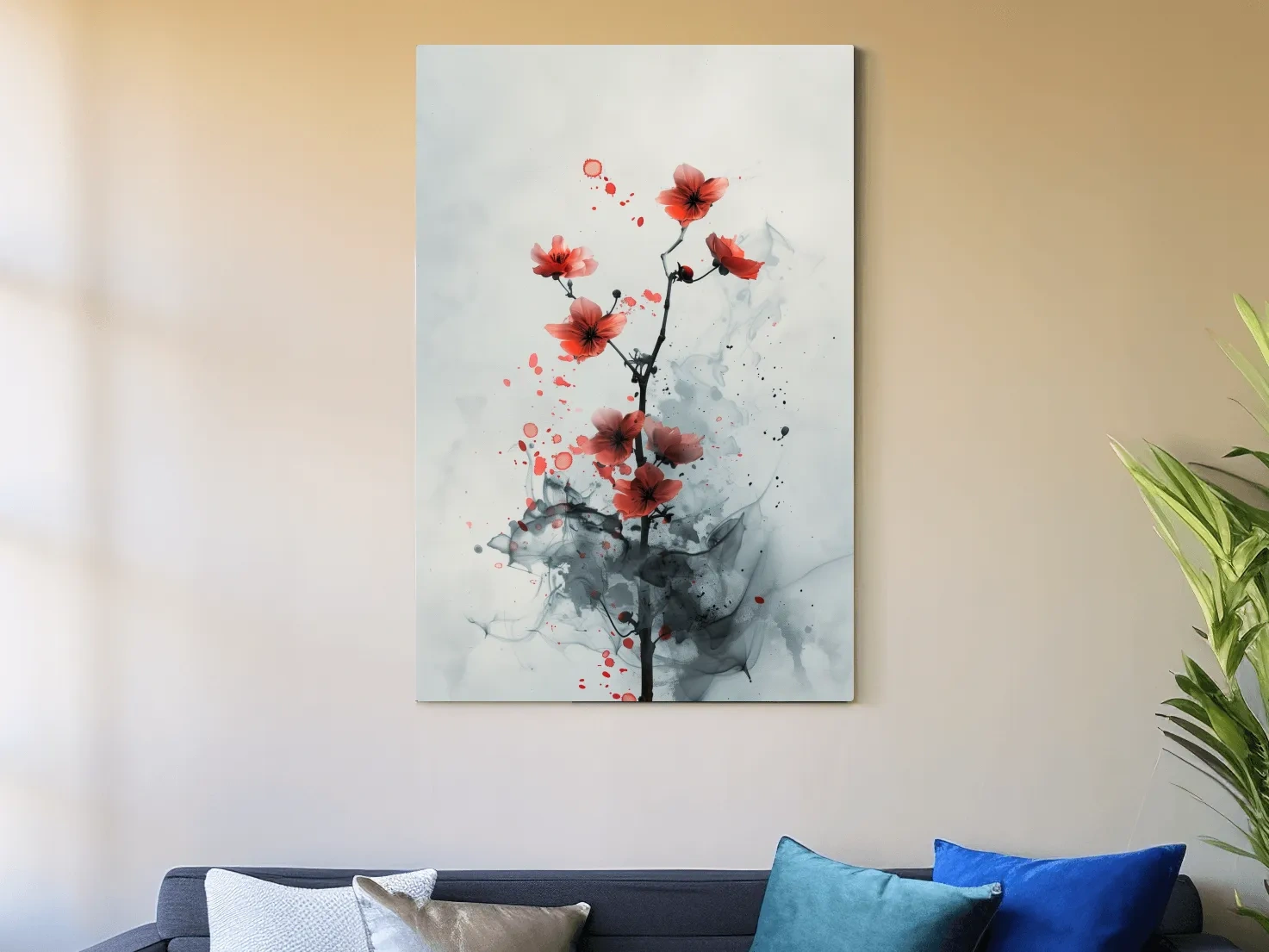 Red Cherry Blossom Ink Wash Painting - Minimalist Floral Wall Art
