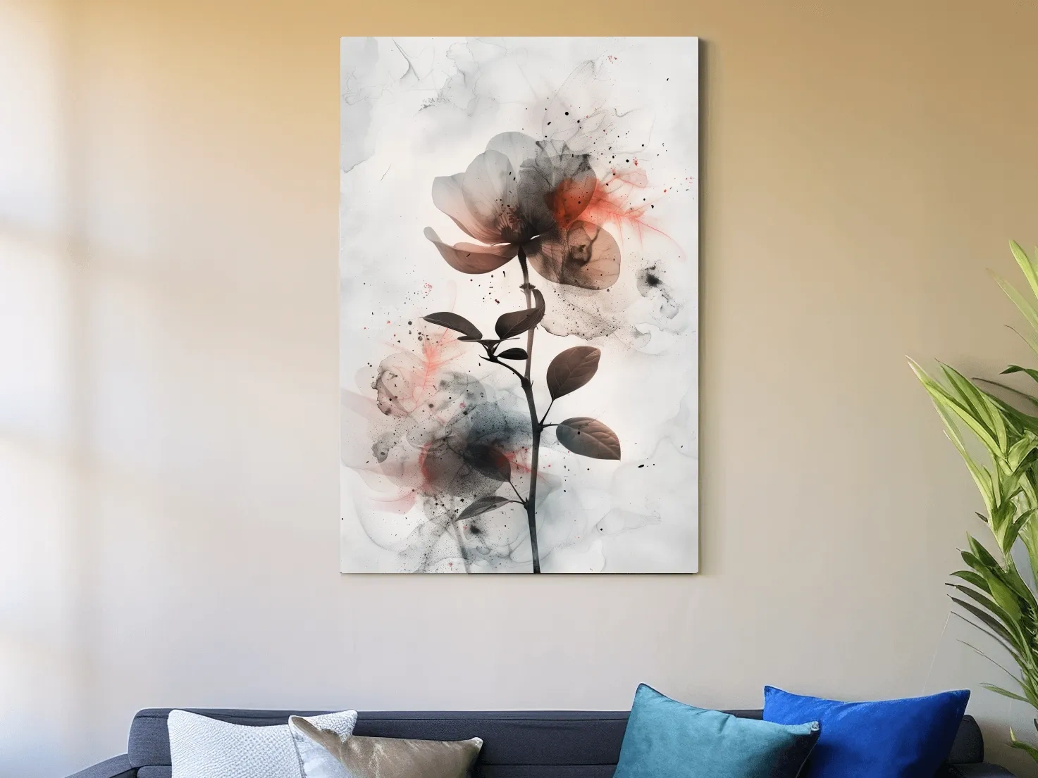 Moody Ink Wash Floral Blossom - Minimalist Floral Watercolor Wall Art