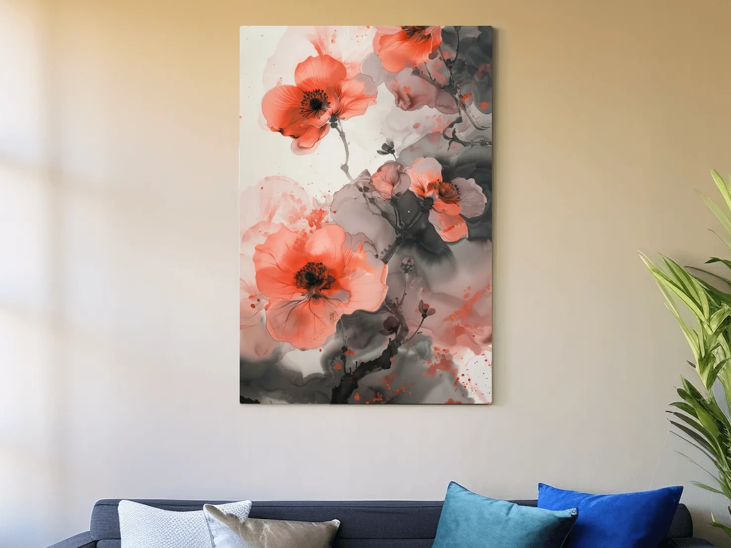 Poppy Blossom Ink Wash Painting - Floral Botanical Watercolor Artwork