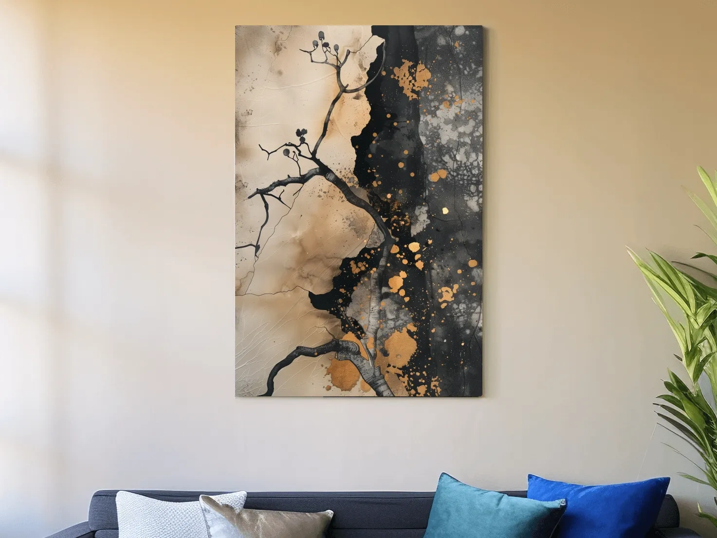 Ink Branch Silhouette With Gold Splatter - Modern Japandi Abstract Wall Art