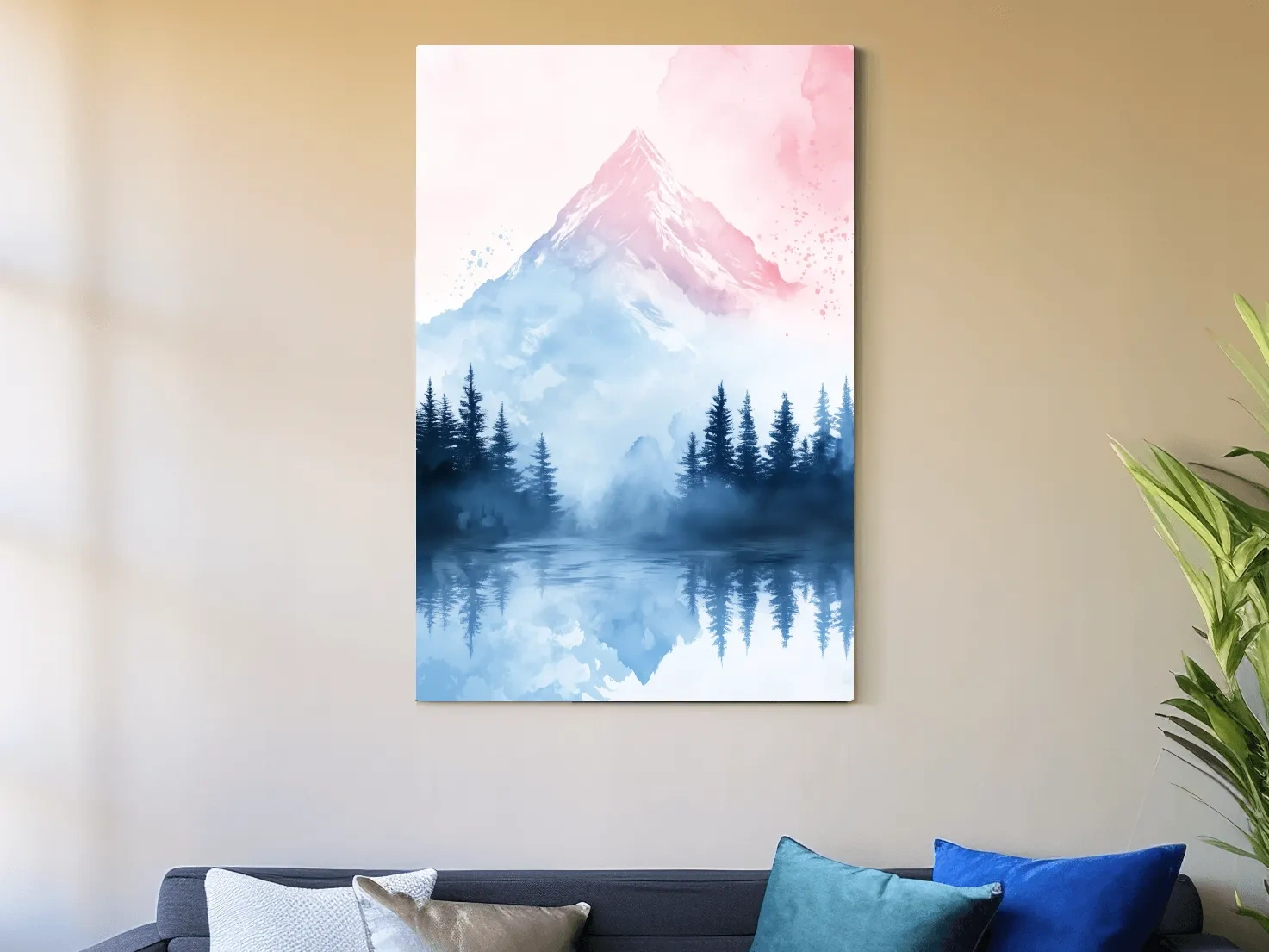 Dreamy Watercolor Alpine Lake Reflection - Pastel Forest Wall Art