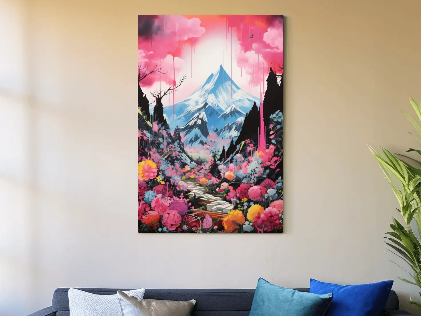 Energetic illustration of pink alpine flowers by a glacier