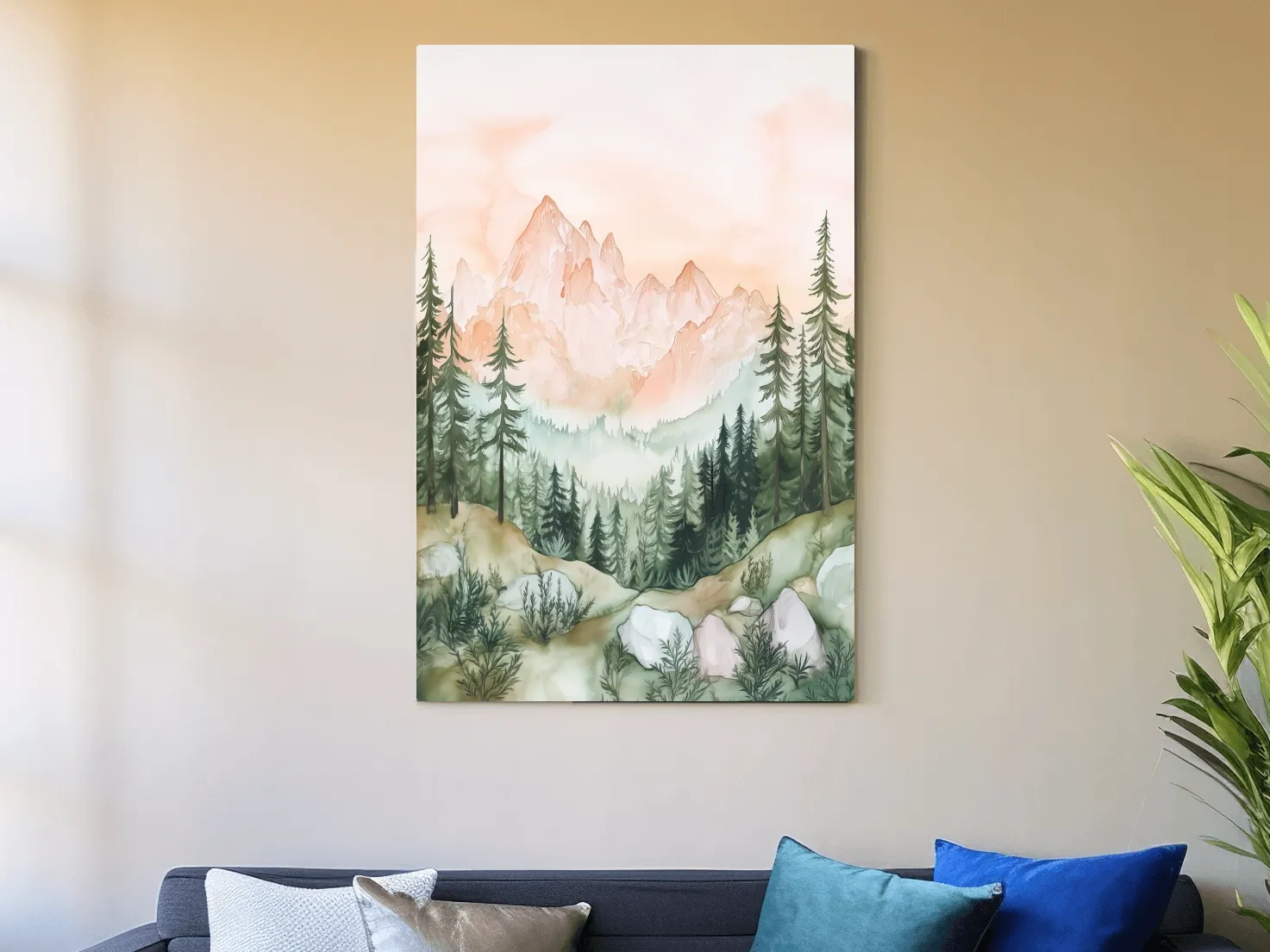Pastel Watercolor Mountain Peaks & Pine Forest - Serene Alpine Landscape Artwork