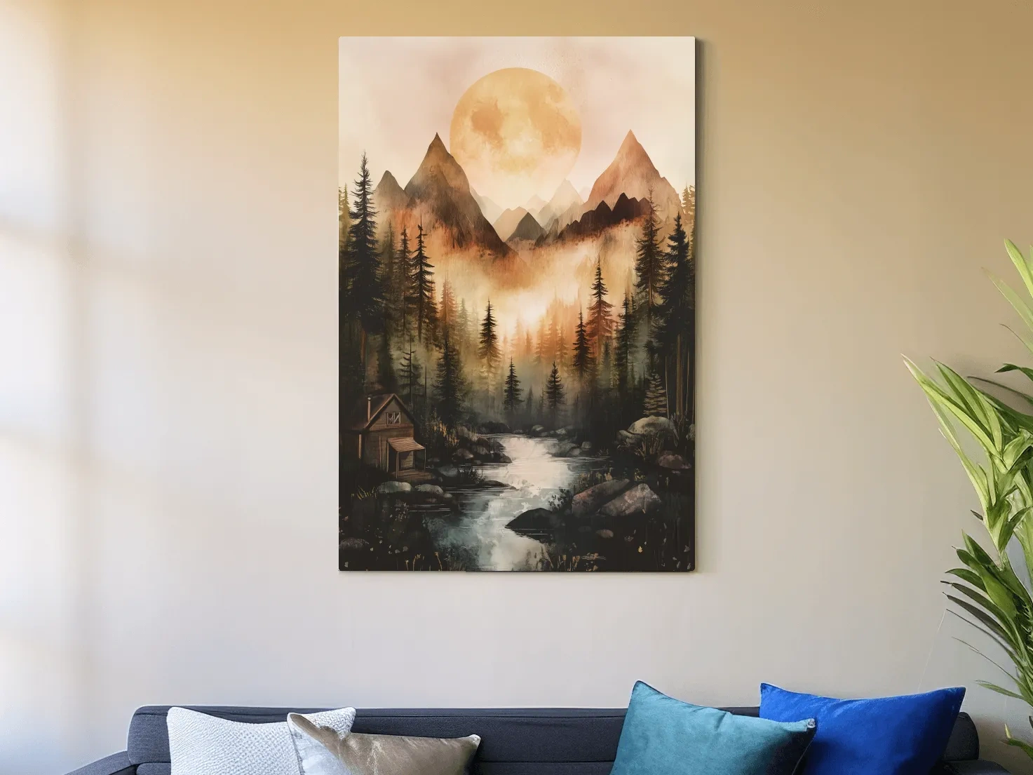 Alpine lake cabin painting, rustic watercolor effect, forest and mountains