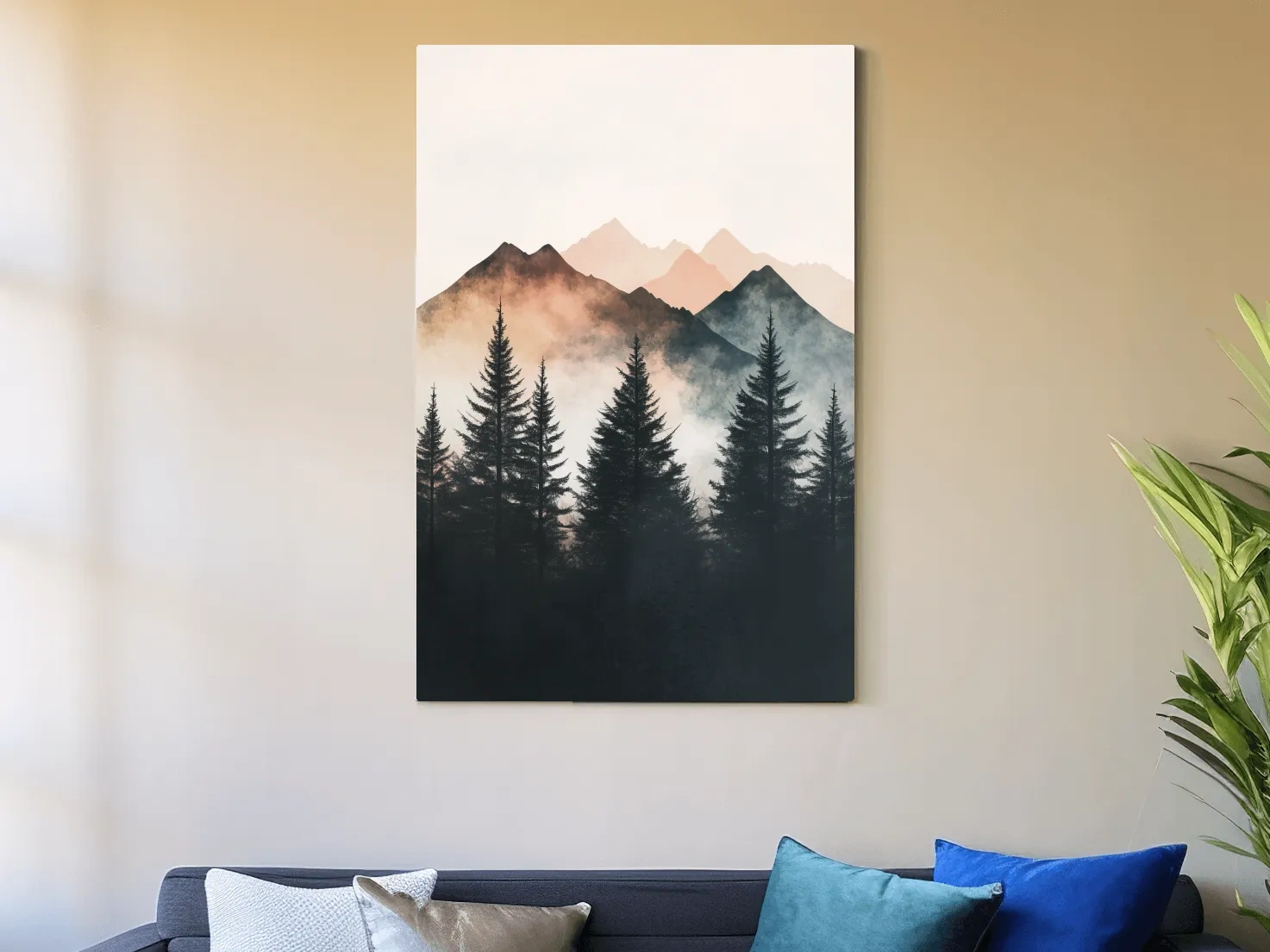 Misty Watercolor Mountain Pine Forest - Serene Nordic Wall Art