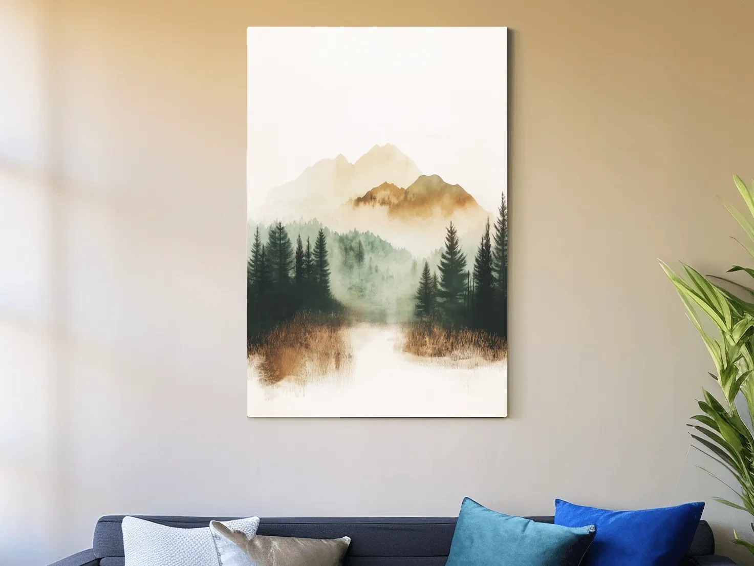 Misty Watercolor Mountain Lake & Pine Forest - Serene Nature Landscape Wall Art
