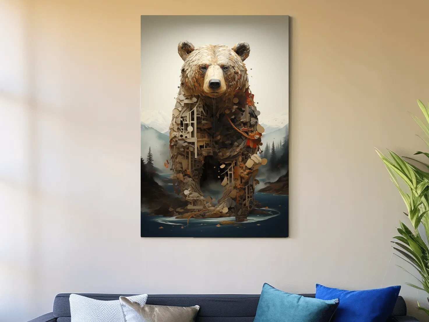Surreal Grizzly Bear Collage Illustration - MC Escher Style Wildlife Wall Art