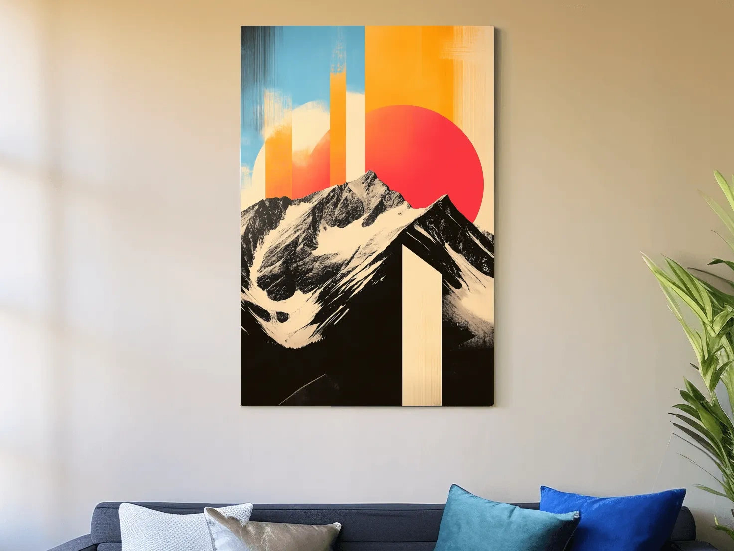Retro Snowcapped Mountain Sunset Collage - Modern Geometric Landscape Wall Art