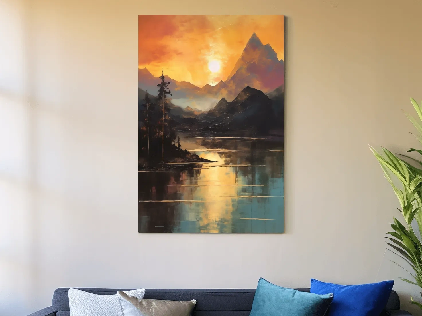 Golden Sunset Alpine Lake Reflection - Mountain Oil Painting Wall Art