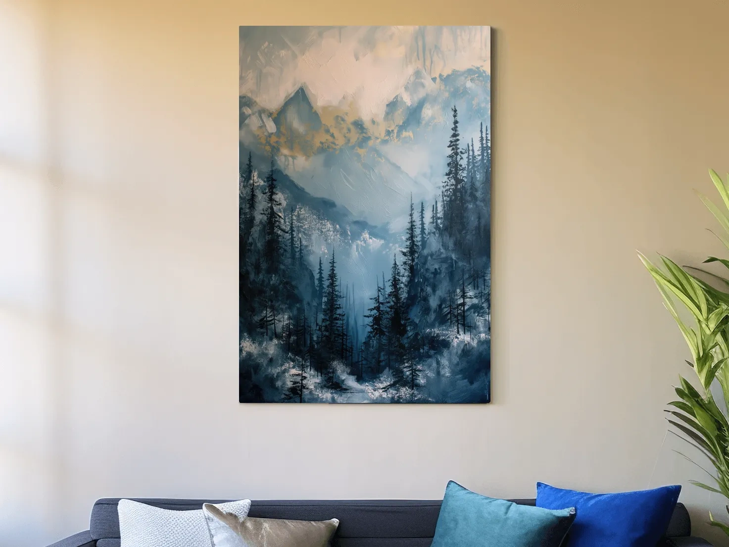 Moody Misty Blue Mountain Forest Painting - Alpine Landscape Wall Art