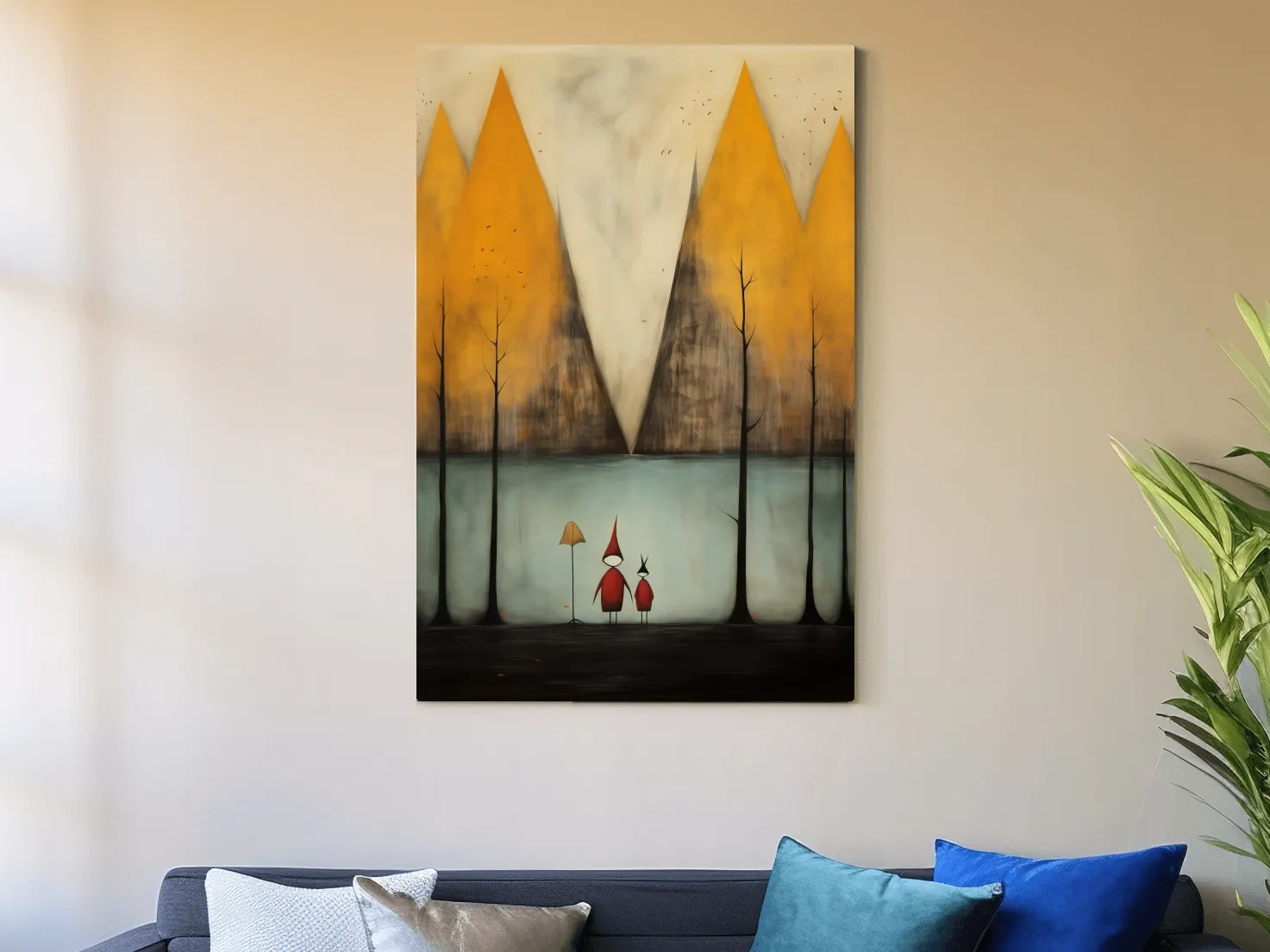 Whimsical Mountain Lake Scene Painting - Storybook Landscape Wall Art