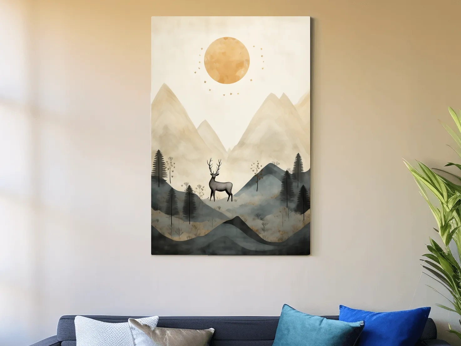 Boho Deer In Misty Mountains - Woodland Landscape Wall Art
