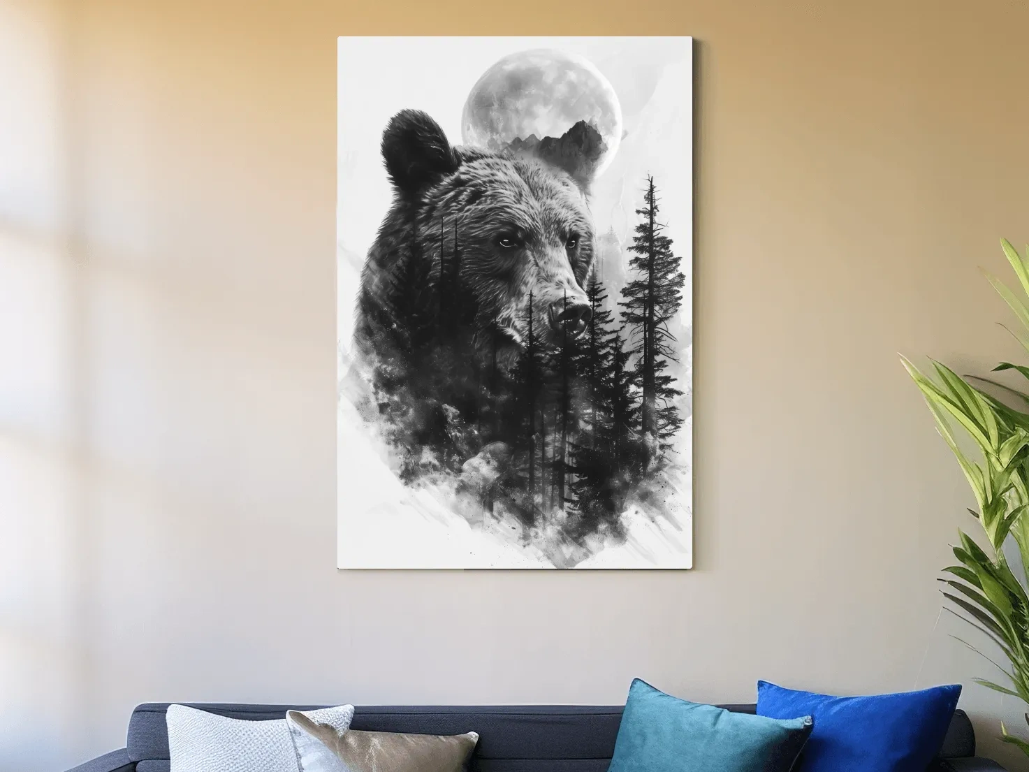 Grizzly Bear Moon Forest Drawing - Black And White Double Exposure Wildlife Wall Art