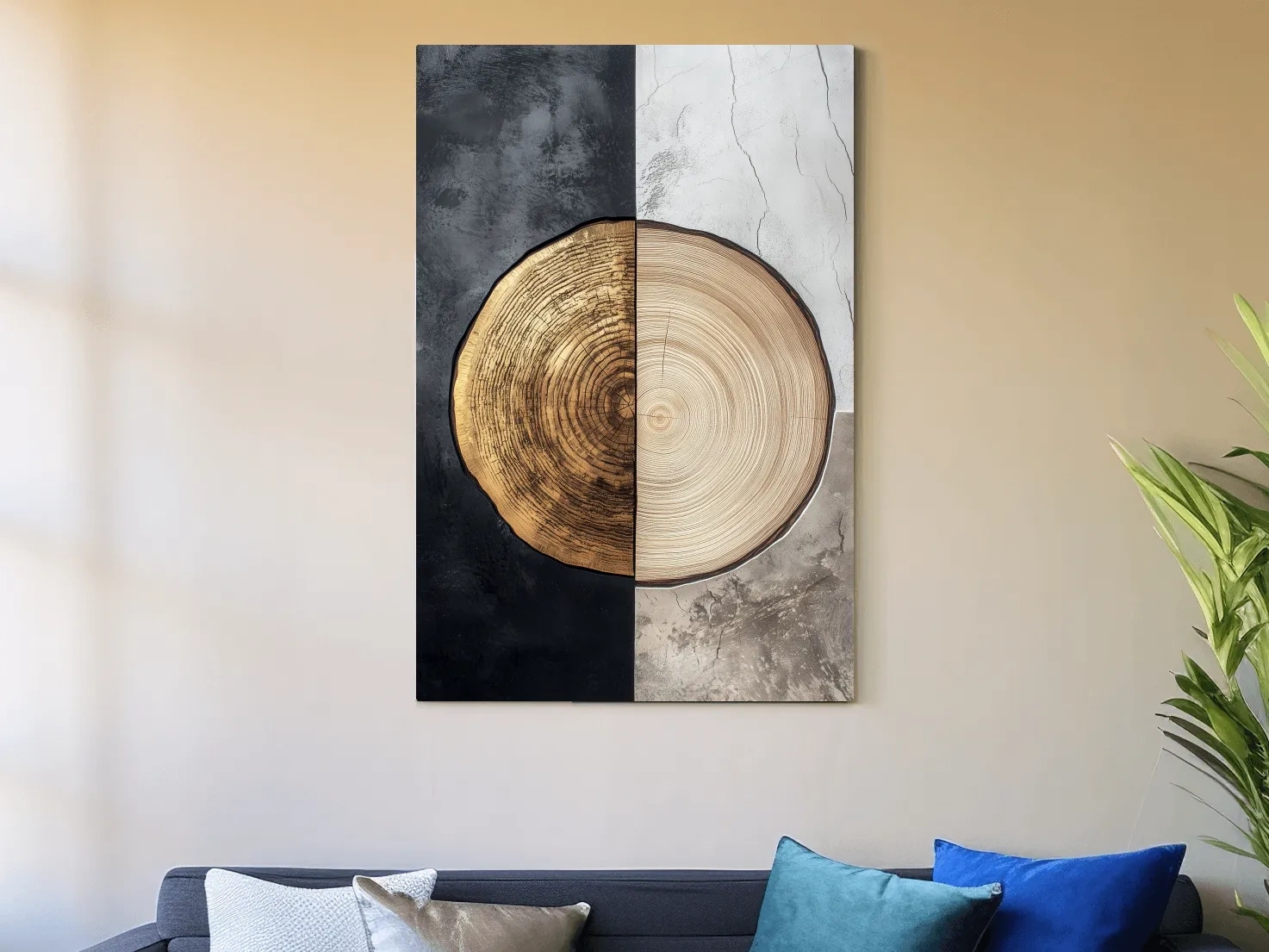 Split Marble And Charcoal Wood Slice - Modern Rustic Tree Ring Wall Art