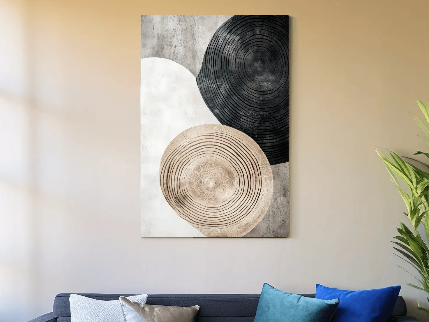 Minimalist Black Beige Wood Grain Circles - Modern Rustic Wall Art