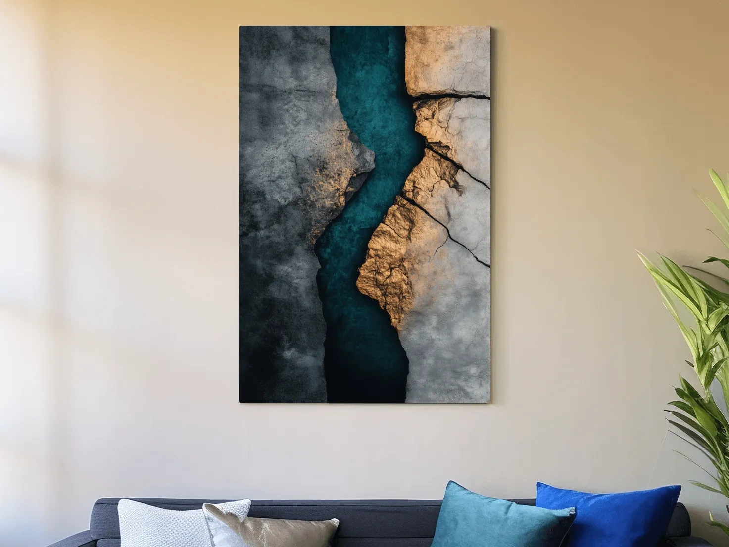 Teal River Canyon With Cracked Stone Texture - Modern Abstract Geode Wall Art