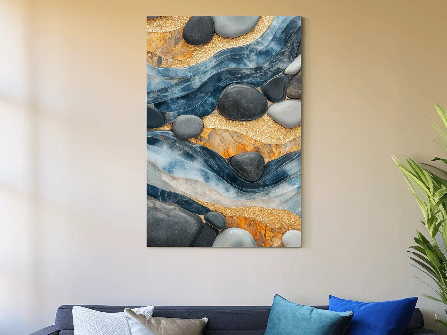Abstract Blue River Stone Mosaic - Modern Pebble Texture Wall Art