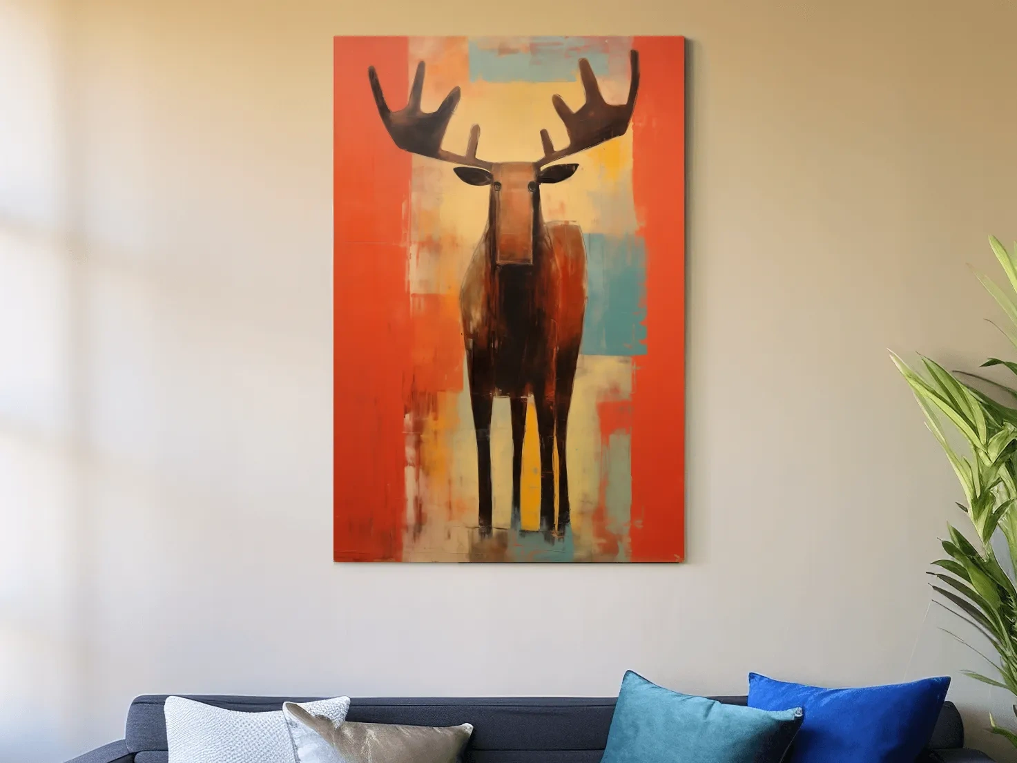 Expressionist Abstract Moose Portrait Painting - Vibrant Rustic Wildlife Wall Art
