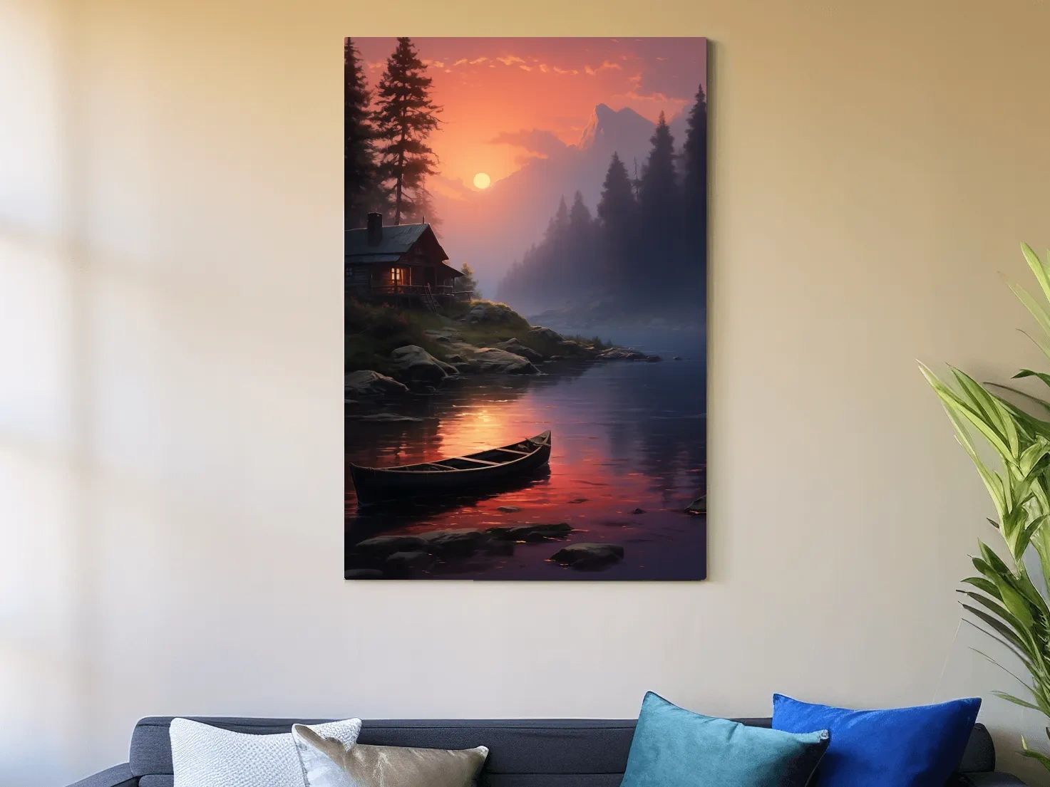 Lakeside Cabin Sunset Landscape - Cinematic Mountain Lake Wall Art