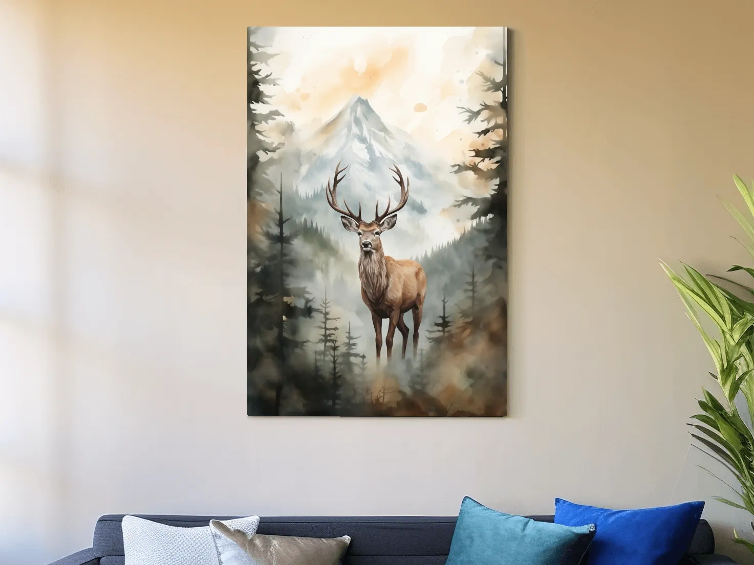 Watercolor Stag In Misty Mountain Forest - Serene Wildlife Wall Art