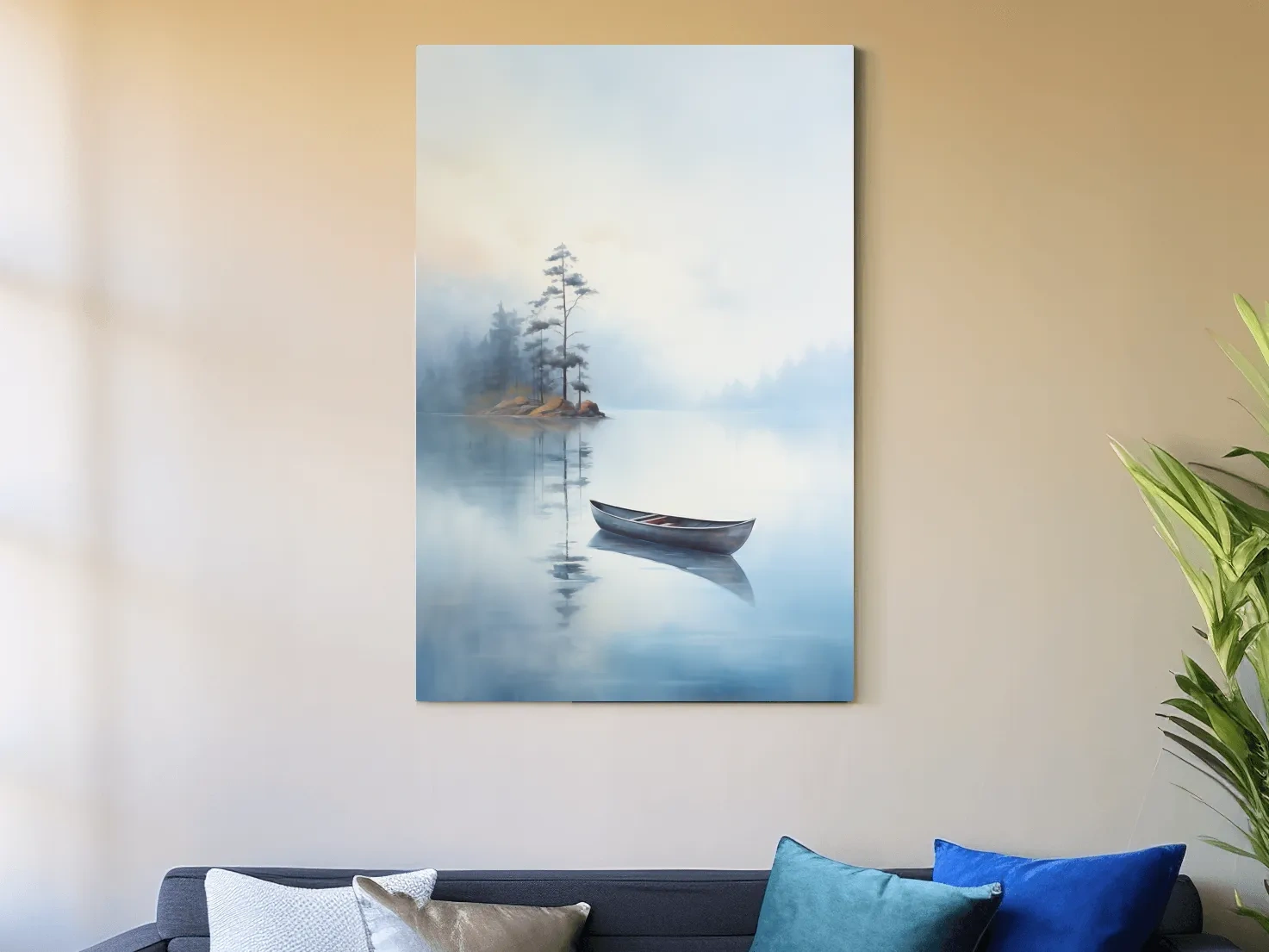 Misty Lake Canoe Painting - Serene Minimalist Watercolor Wall Art