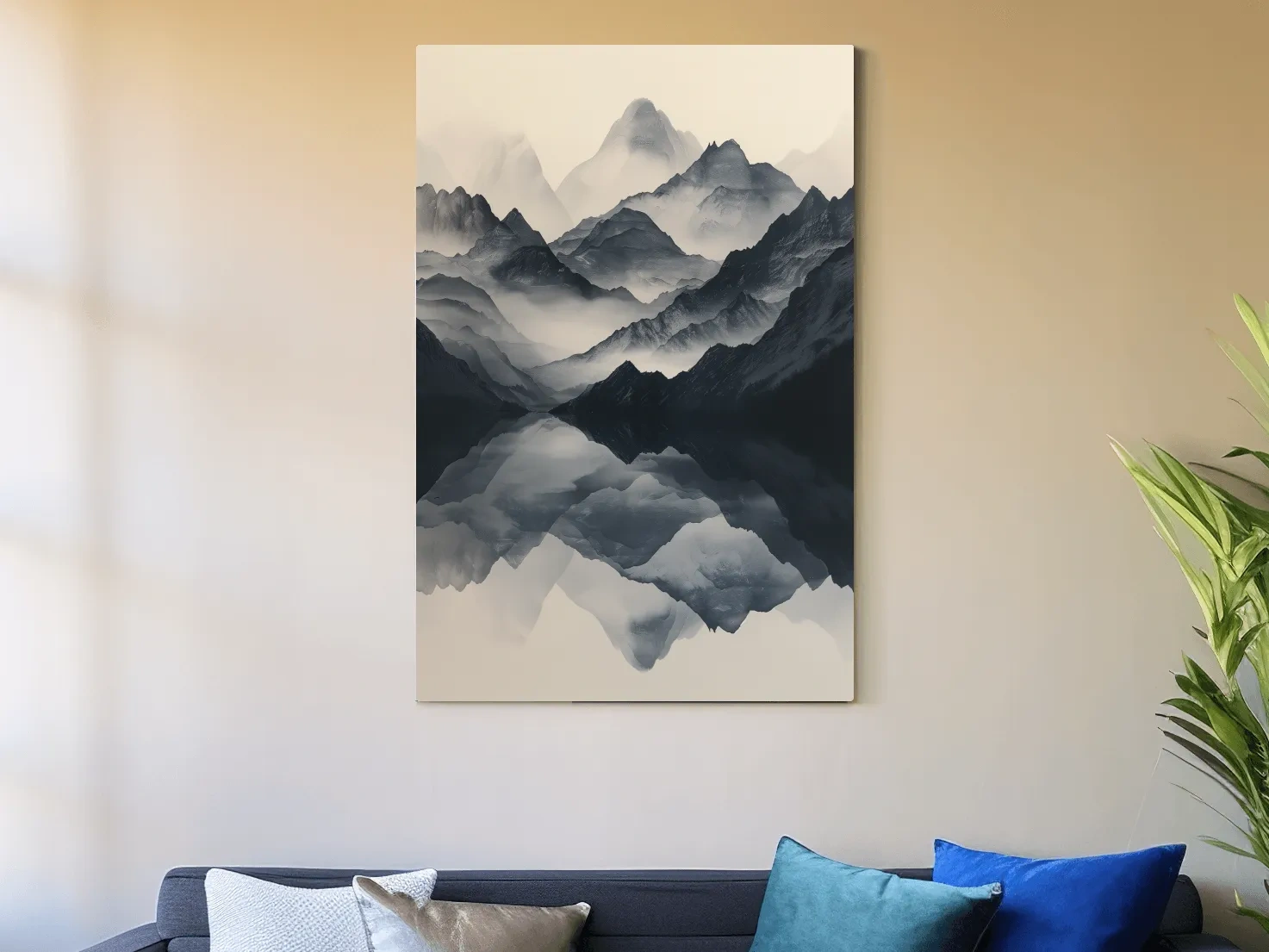 Monochrome Misty Mountain Reflection Landscape - Minimalist Japandi Wall Art