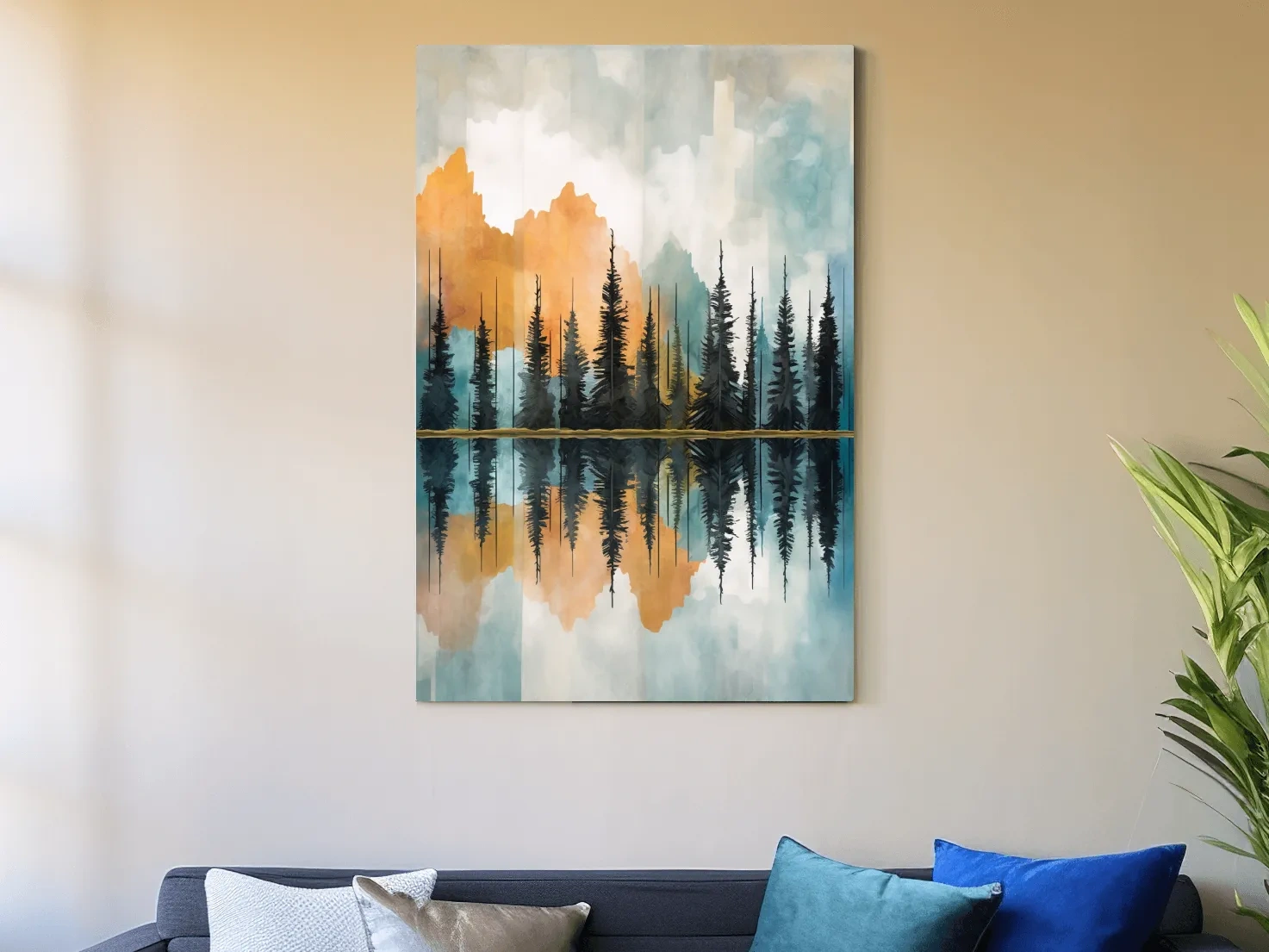 Abstract watercolour painting of trees along a lake