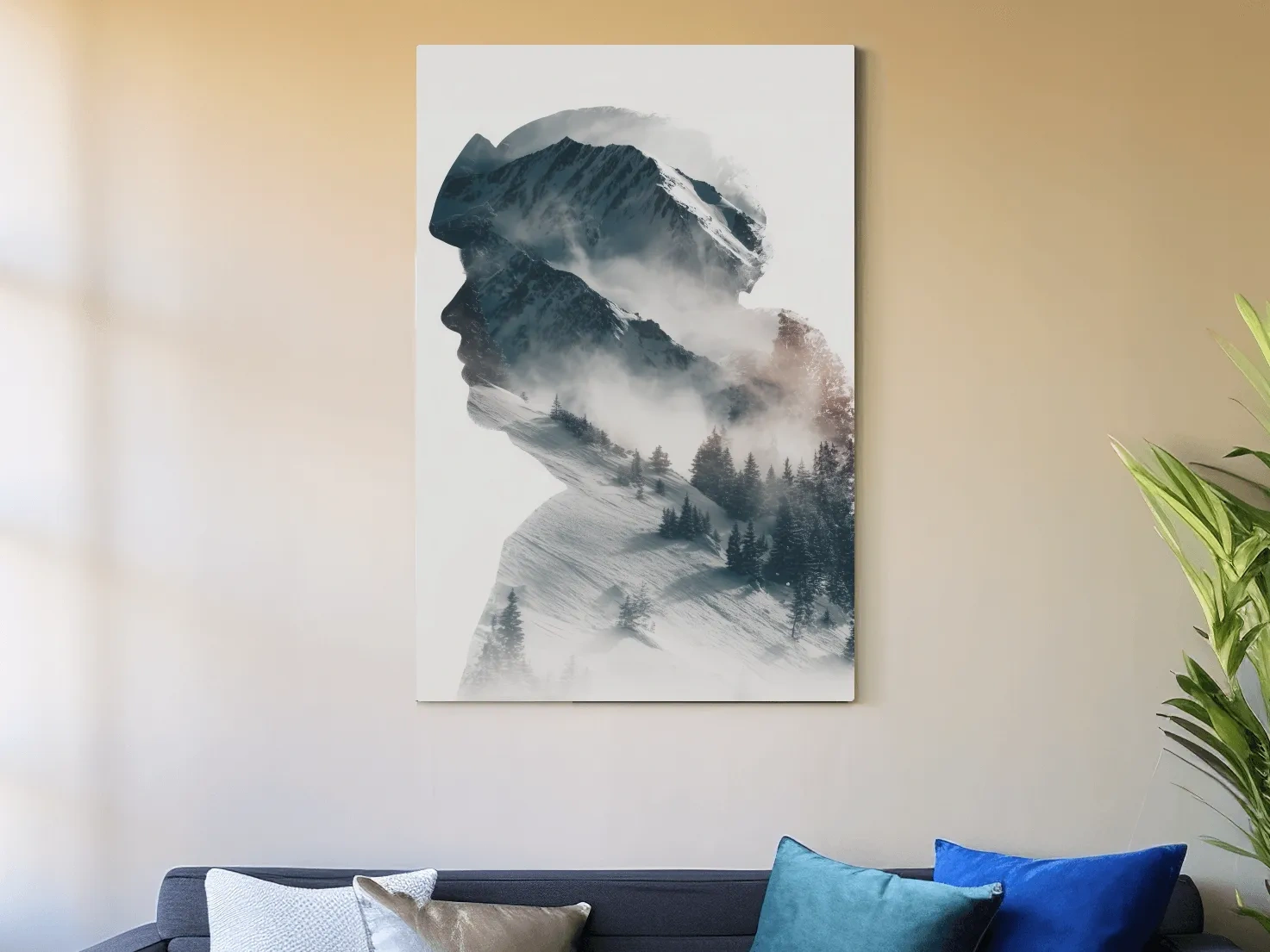 Surreal Double Exposure Skier & Mountain Portrait - Moody Misty Alpine Forest Wall Art