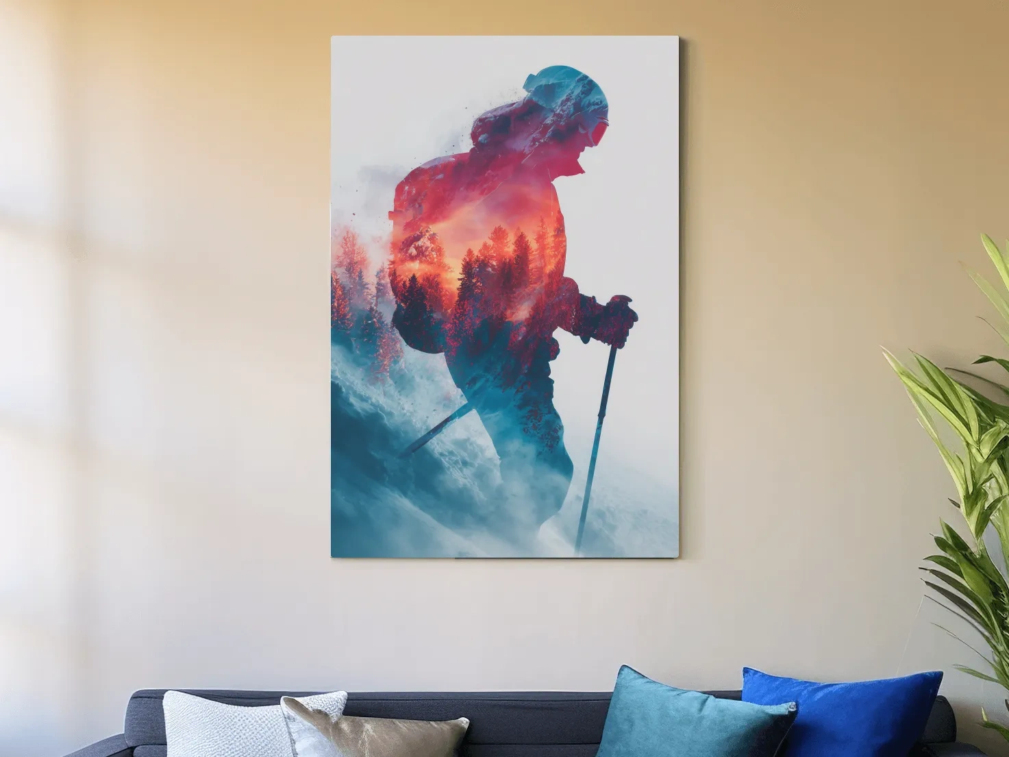 Double Exposure Skiier Silhouette Forest Sunset - Adventure Mountain Landscape Artwork