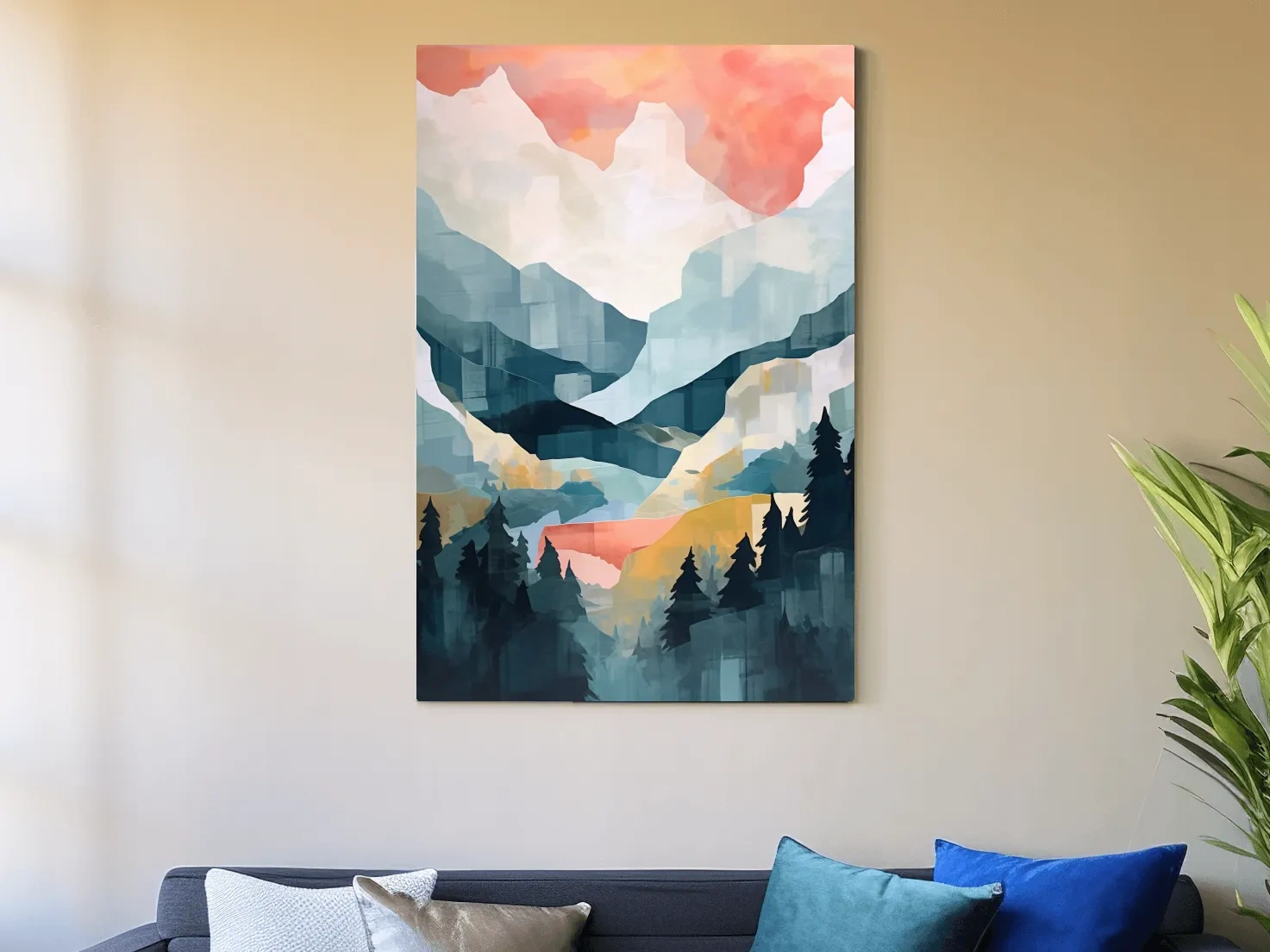 Abstract Watercolor Alpine Mountains At Sunrise - Modern Forest Landscape Artwork