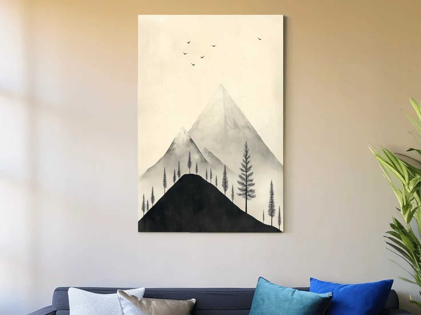 Minimalist Misty Mountain Peaks With Pine Trees - Monochrome Scandinavian Landscape Artwork