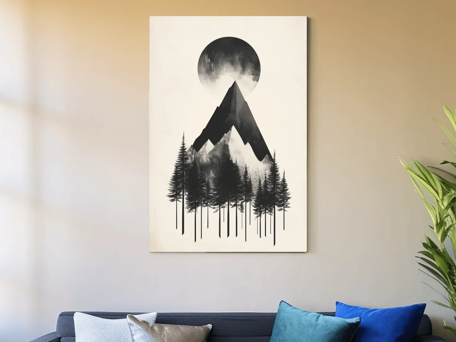 Mystical mountain and forest artwork, monochrome abstract wall art with large moon