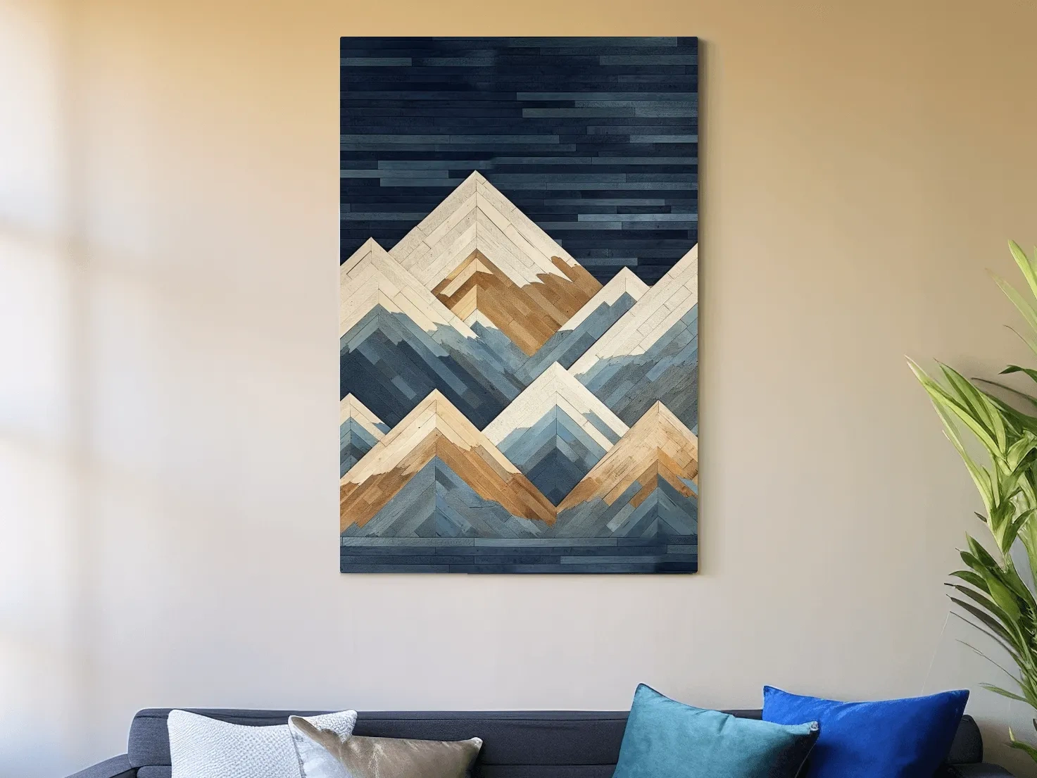 Geometric Layered Mountain Peaks - Wood Texture Landscape Wall Art