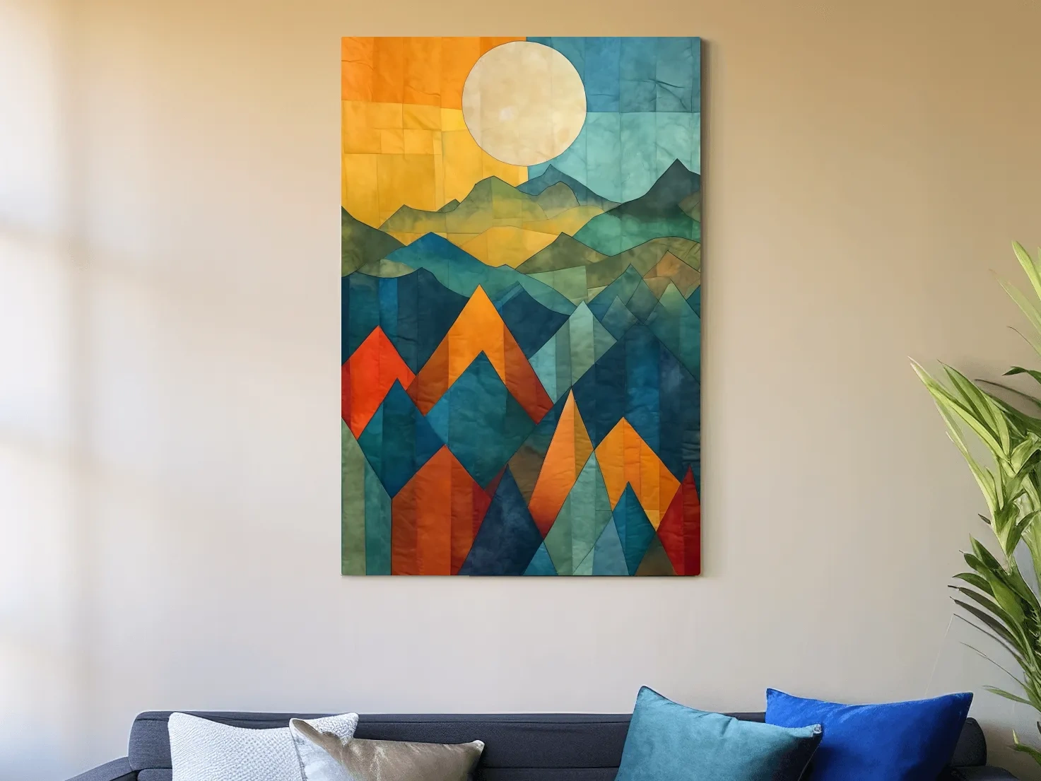 Geometric Patchwork Sunlit Mountain Range Painting - Colorful Abstract Alpine Wall Art
