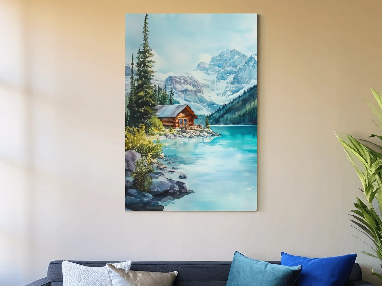 Turquoise Alpine Lake Cabin Watercolor - Serene Snowy Mountain Wall Art