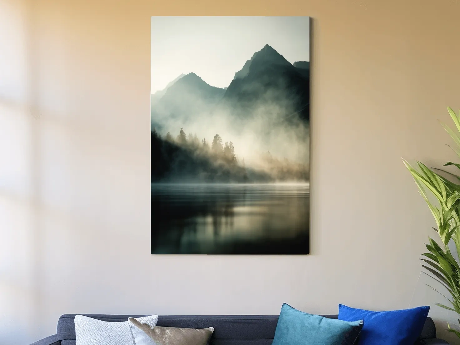Moody Misty Mountain Lake Landscape - Serene Foggy Pine Forest Wall Art