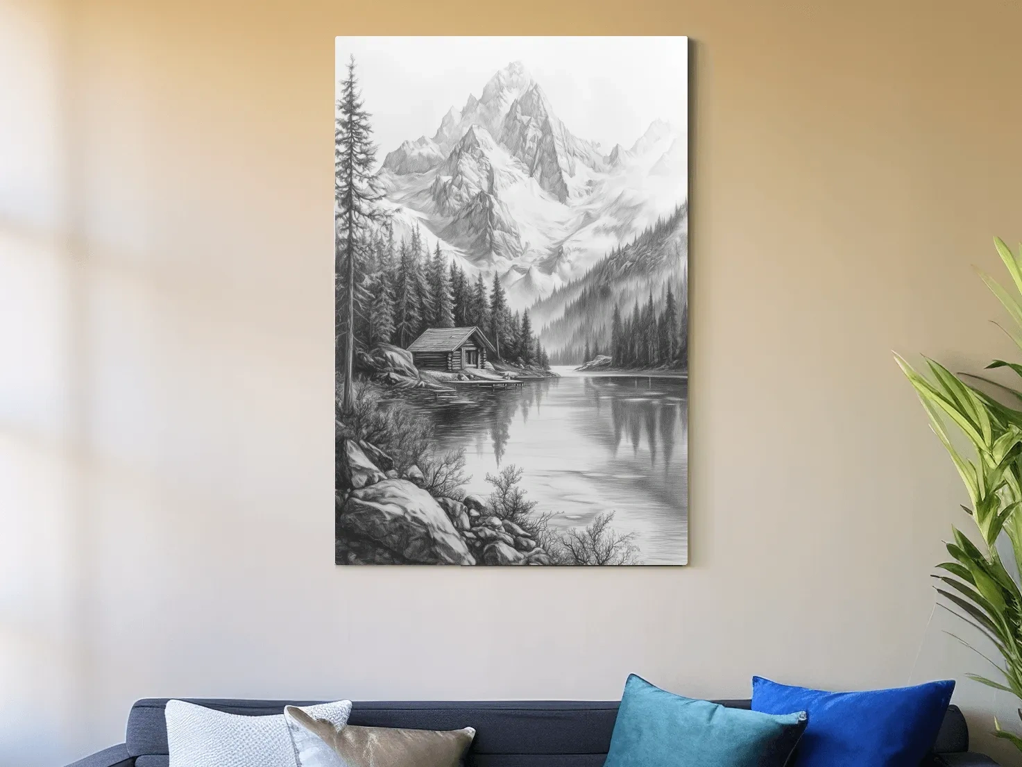 Monochrome Alpine Lake Cabin Sketch Art - Mountain Drawing Wall Art