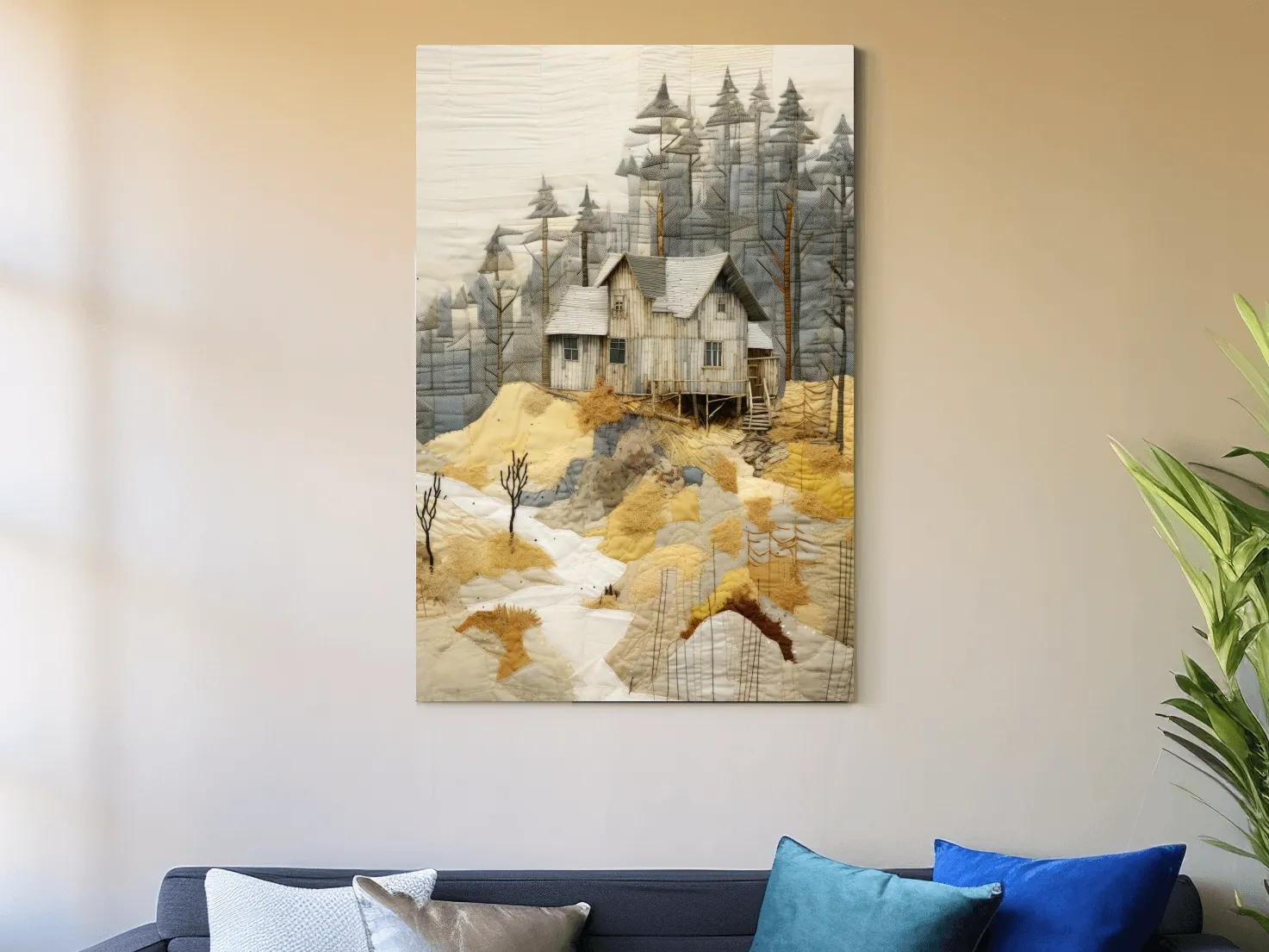 Rustic Woodland Cabin Landscape Quilt Art - Patchwork Style Mixed Media Wall Art