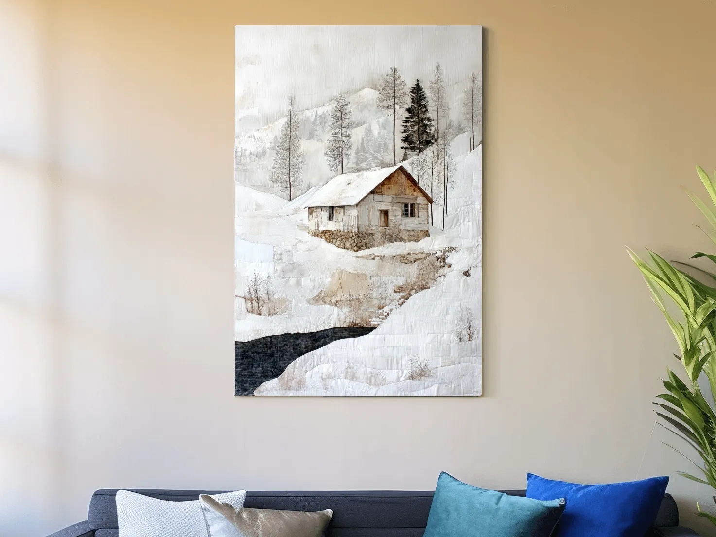 Snowy Mountain Cabin Painting - Winter Landscape Wall Art
