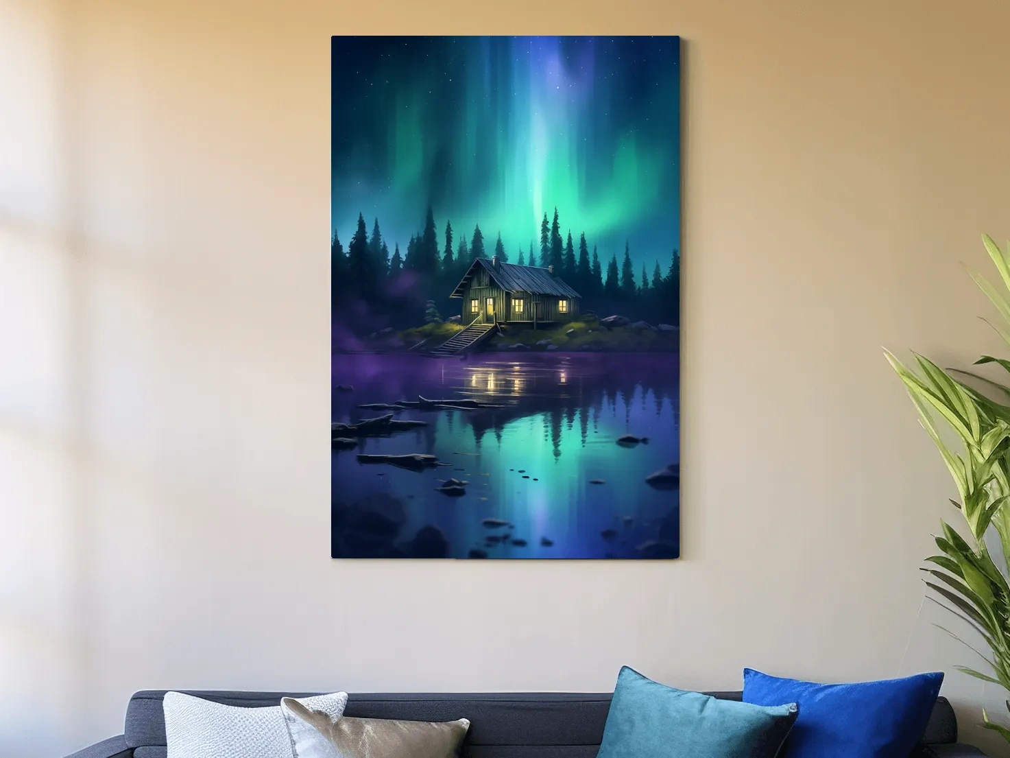 Vibrant Northern Lights Cabin Lake Painting - Aurora Borealis Night Wall Art