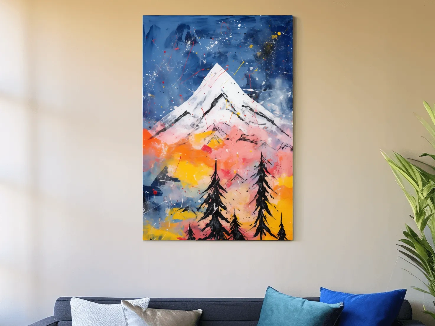 Vibrant Abstract Mountain Peak Sunset Painting - Colorful Acrylic Splash Forest Wall Art